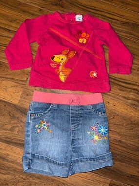 9-12m Vintage Hot Pink Kangaroo Graphic Top with Embroidered Denim Shorts
